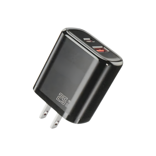 25W Dual Wall Charger with USB-C & USB-A Ports, Fast Charging Power Adapter – Black