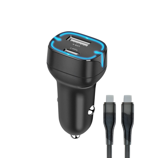 30W PD Car Charger with USB-A & USB-C Ports, Fast Charging Car Adapter with Type-C Cable – Black