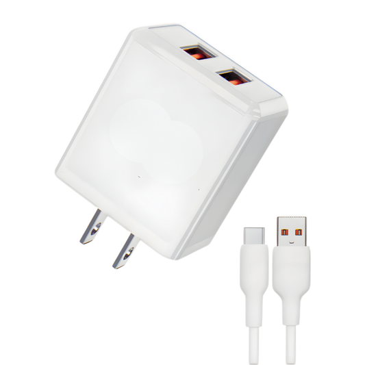 Dual Port USB Wall Charger with USB-A to USB-C Cable, Fast Charging Adapter – White